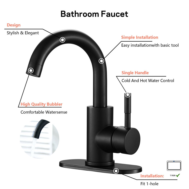 Robinet pour salle de bain à un trou avec poignée simple, Noir mat