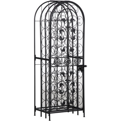 Black Wrought Iron 45 Wine Shelf With Lock, Modern Line Design, Convenient Storage Rack Holds 45 Bottles Attractive , Holder