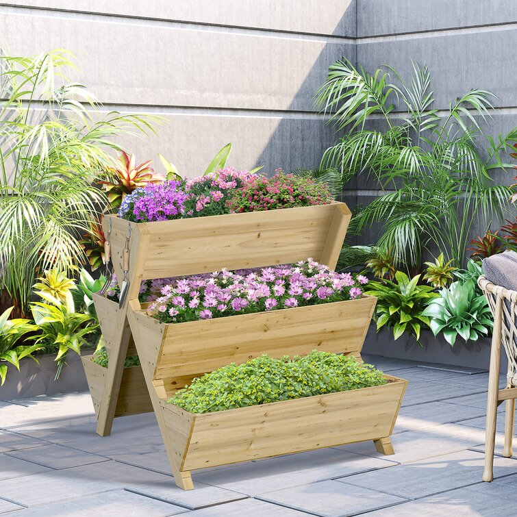 3-Tier Vertical Garden Bed Wooden Elevated Planter Bed W/Legs Storage Shelf  2 Hooks Raised Bed Kit