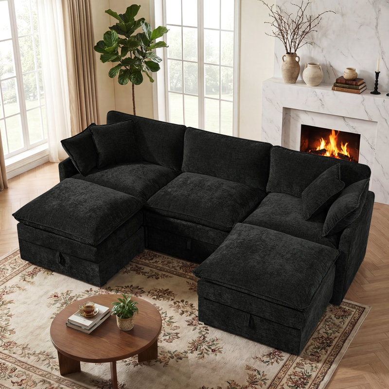 Canapé modulaire en U avec rangement George, Chenille noir