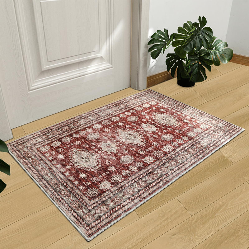 Boho Vintage Washable Indoor Rug - 2'x3', Non-Slip Hallway Runner Rug Entryway Runner, Farmhouse Style, Trendy Distressed Faded Carpet, Doormat Welcome Mat, Burgundy