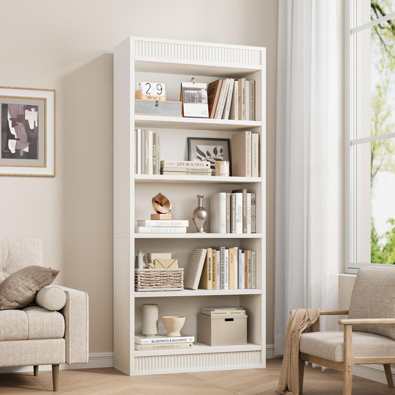 Bibliothèque de campagne 71 pouces à double cannelure, bibliothèque en bois à 5 niveaux avec base robuste, Blanc