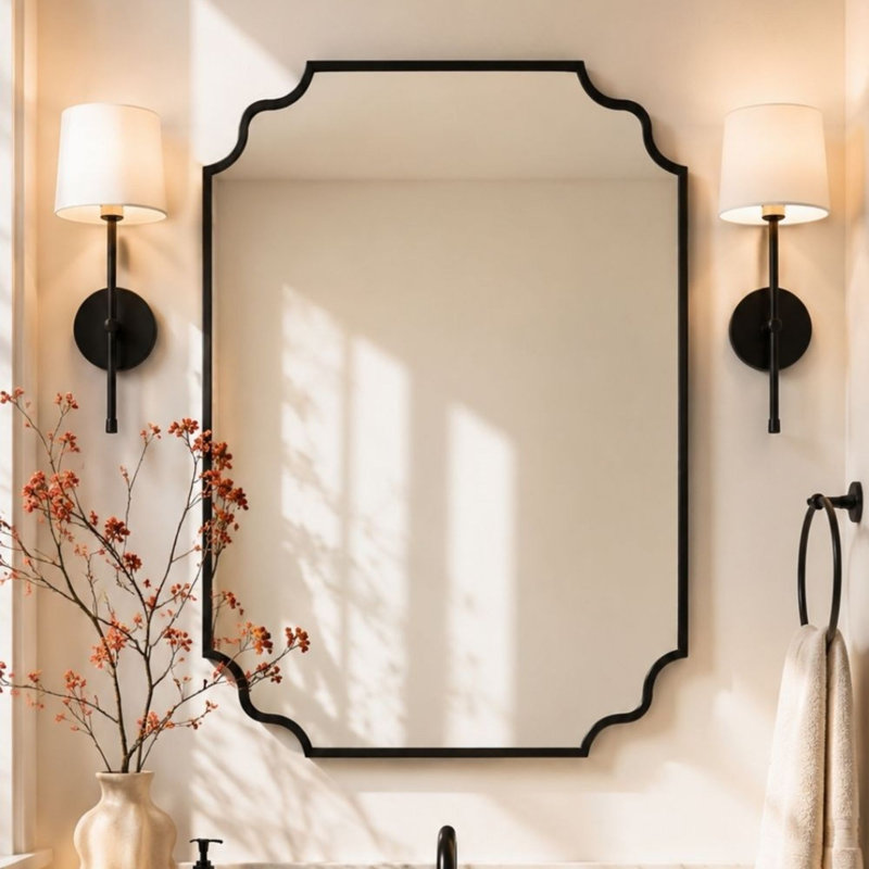 Miroir de salle de bain noir festonné 32 x 24 pouces à placer au-dessus du lavabo, miroir asymétrique noir mat pour coiffeuse
