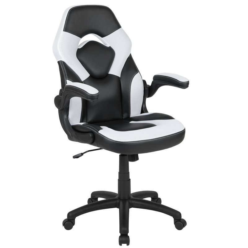Ergonomic Adjustable Swivel Computer Gaming Chair with Flip-up Arms, White/Black