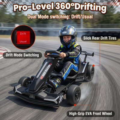 Kart électrique 24 V pour enfants avec mode dérive, deux moteurs de 400 W, cadre à longueur réglable, lumières DEL et musique Bluetooth