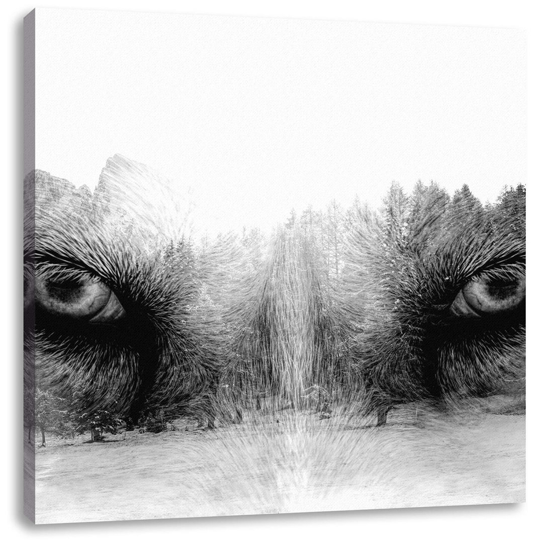 Leinwandbild Overlay-Wolf-Augen Ã¼ber Winterwald