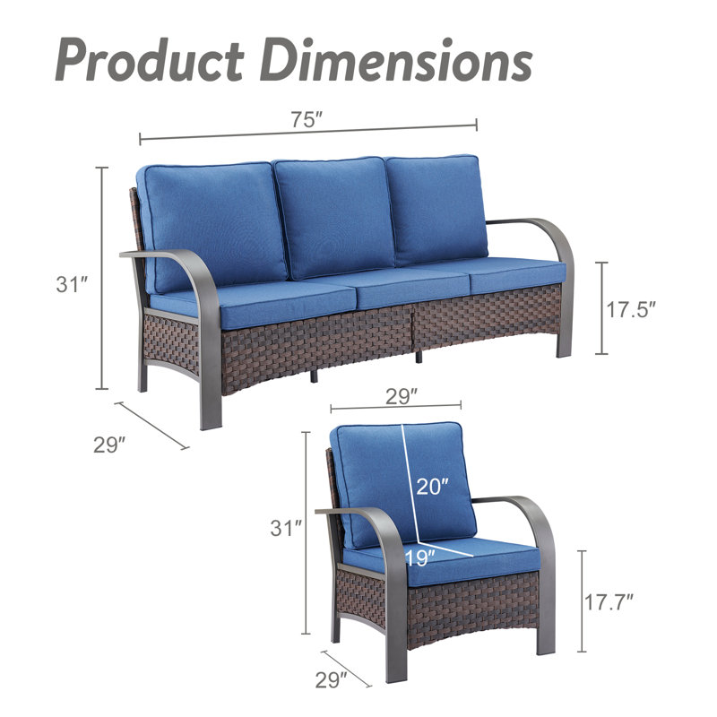 Ensemble de conversation en osier / rotin pour 5 personnes avec coussins Bobra, Bleu