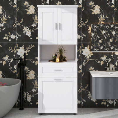 Armoire de salle de bain haute avec portes de paniers à linge et armoire supérieure de rangement ouverte pour la salle de bain