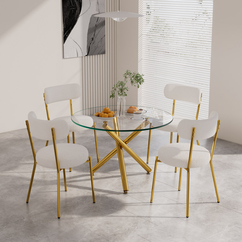 5 Piece Round Gold Glass Dining Table Set for 4, White