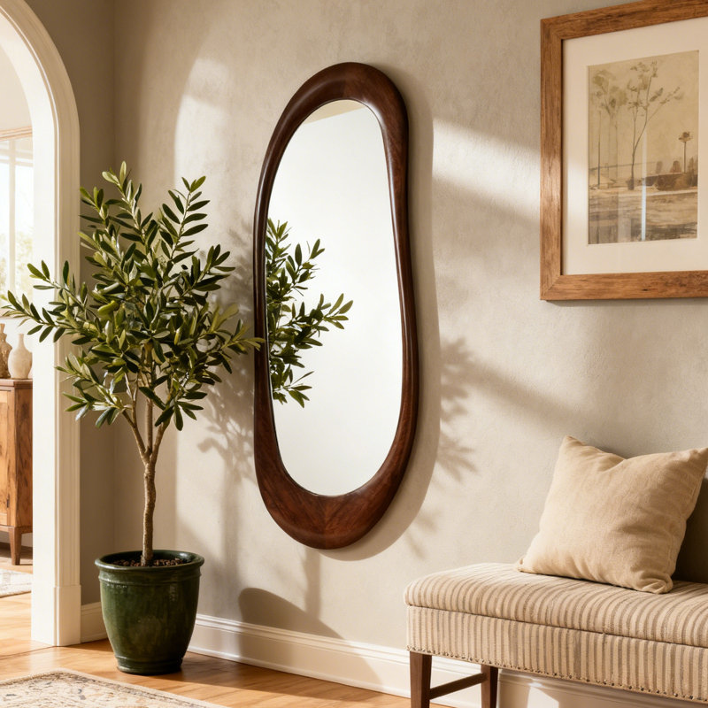 Asymmetrical Full-Length Wall Mirror with Wood Frame, Brown