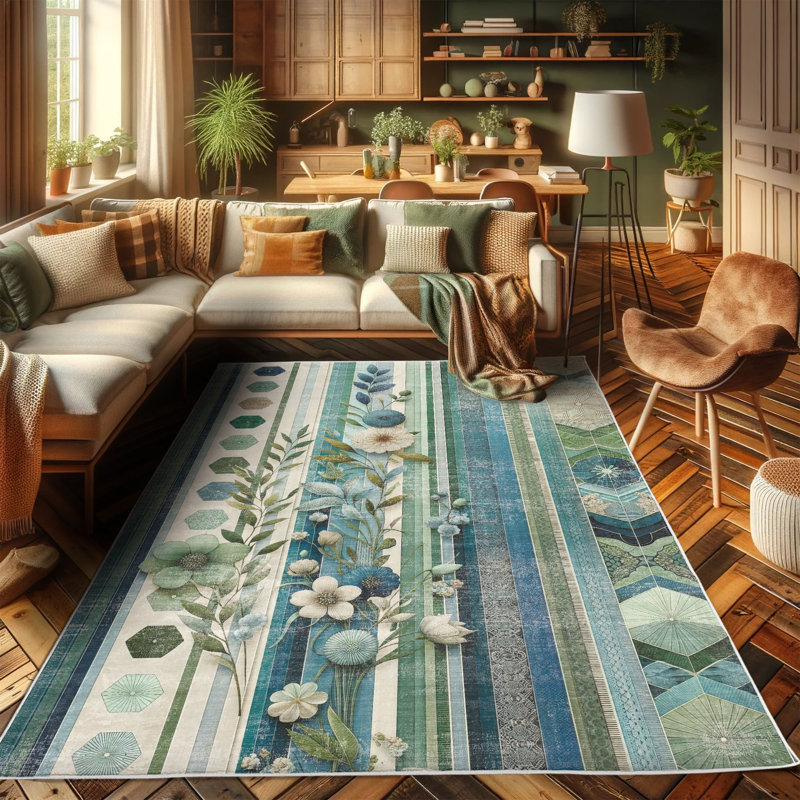 Teal Blue and Green Floral Synthetic Area Rug 2'3" x 3'9"