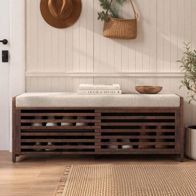 Banc à chaussures avec rangement et coussin, banc de rangement à volets vieillis avec charme rétro pour le salon, vestibule
