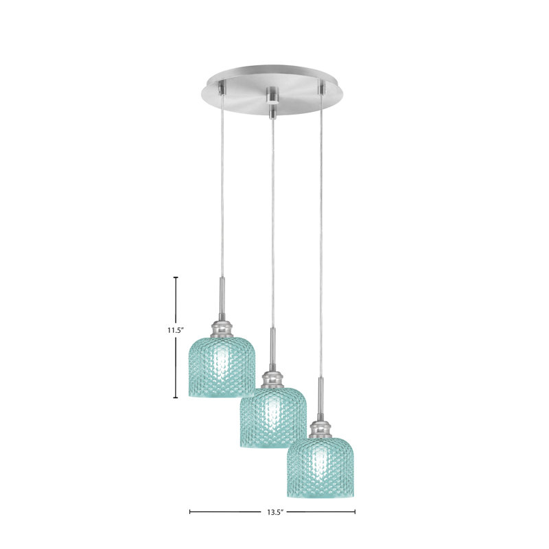 Edge 3 Light Cluster Pendalier With 6" Glass, Turquoise Textured, Brushed Nickel