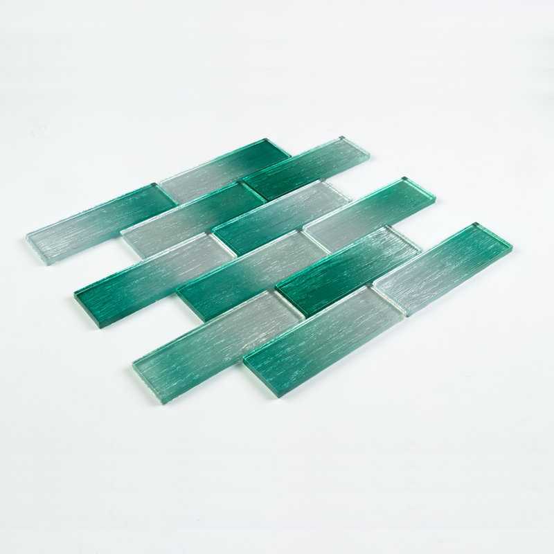 Foil 2" x 6" Straight Edge Glass Mosaic Subway Tile, Silver/Aqua Blue