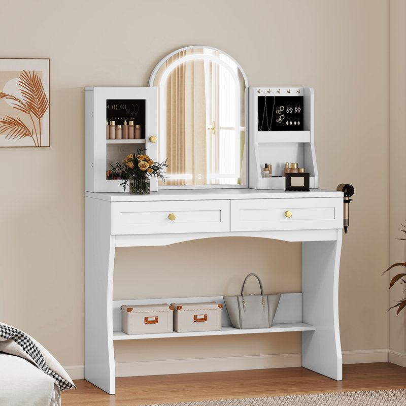 35.5" W Makeup Vanity With Led Lighted Mirror And Power Outlet, White