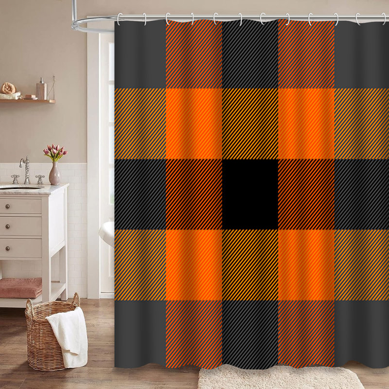 Rideau de douche orange, noir, tartan et écossais avec 12 crochets, L 72 po x l 72 po