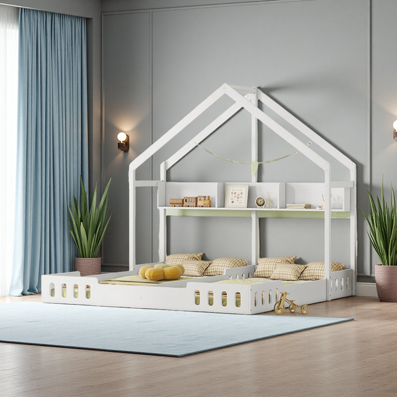 Lit plateforme House, deux lits partagés avec tablettes et garde-corps
