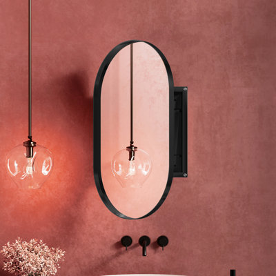 Armoire de rangement pour miroir de salle de bain avec cadre en métal noir mat, encastré ovale 20 x 34 pouces, avec tablettes réglables 19,88 x 33,03 x 4,42, cadre encastré, tablettes élégantes