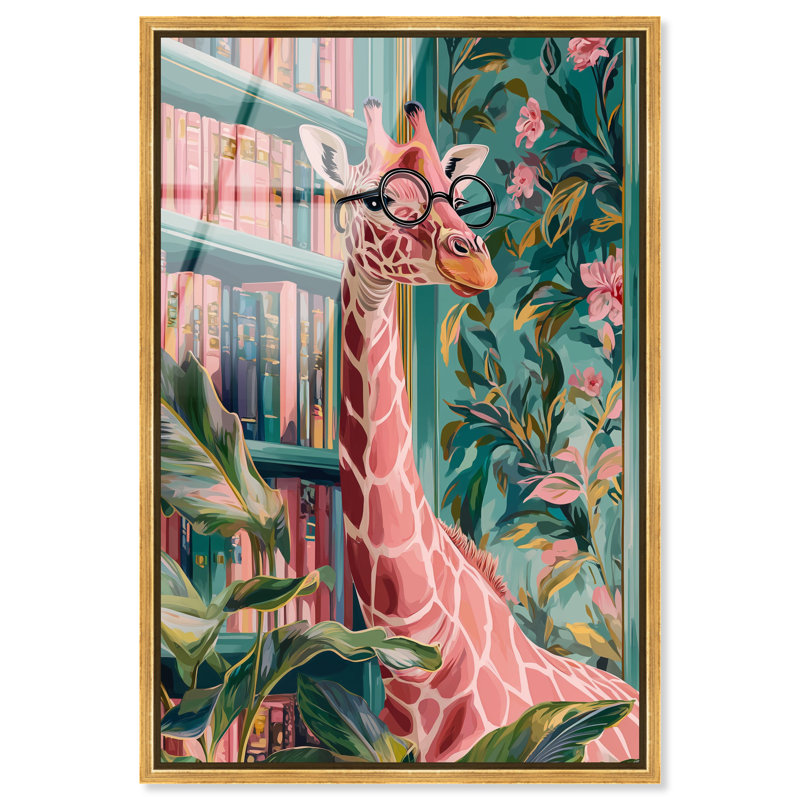"Librarian Giraffe", impression sur toile encadrée par Art Remedy, cadre doré, 20 x 30, 31"H x 21"W, Gold Frame
