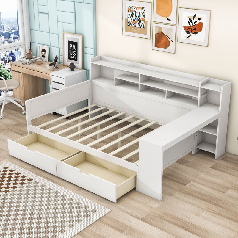 Multifunctional Wooden Daybed with Built-in Desk, Side Storage Shelves and Drawers, Antique White, Full/Double