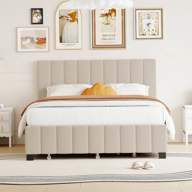 Grand lit plateforme tapissier en velours avec 2 tiroirs et 1 lit gigogne simple TG - beige