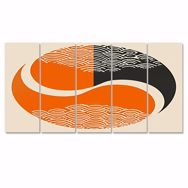 «Retro Orange Circle Waves Yin Yang», art mural géométrique sur toile 5 pièces, H 28 po x l 60 po