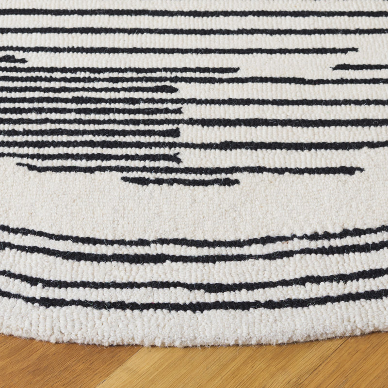 Tapis ivoire / noir en laine / coton touffeté à la main Kyndahl 680, Rond 6 pi