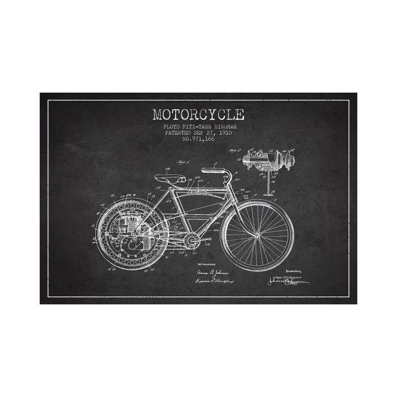 Floyd Bingham Motorcycle Patent Sketch (Charcoal) 1 Piece Wrapped Canvas Wall Art, 101.6 cm H x 66.04 cm W x 1.91 cm D