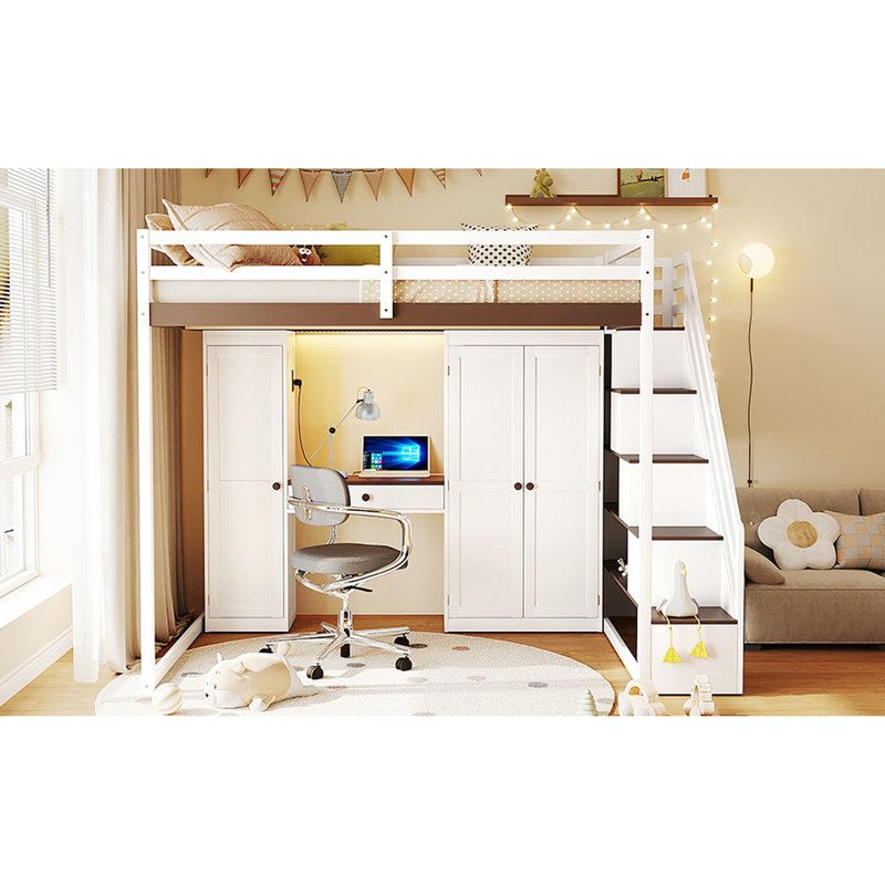 Lit mezzanine double avec escalier de rangement multifonctionnel sous et latéral pour optimiser l'utilisation de la chambre à coucher