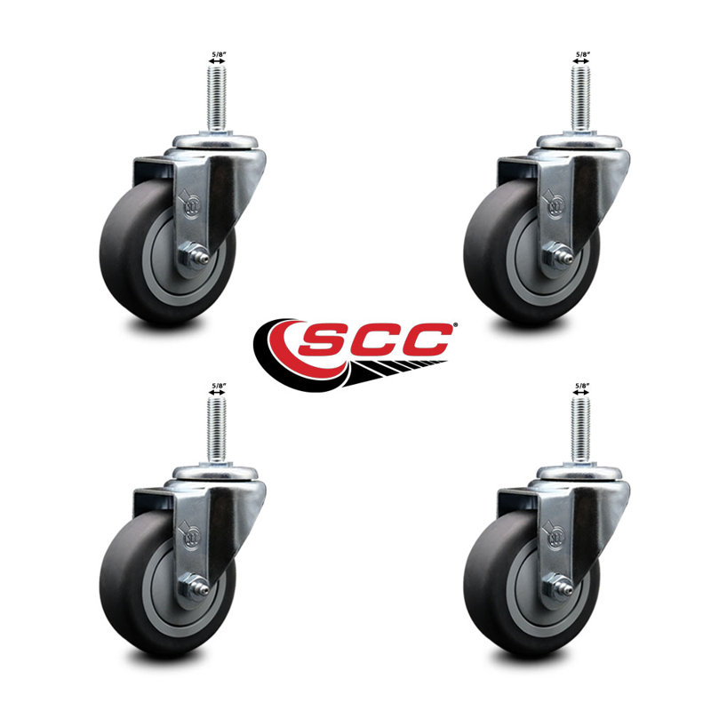 Ensemble de roulettes à tige filetée en caoutchouc pivotant de 3,5 po 5/8 po SCC