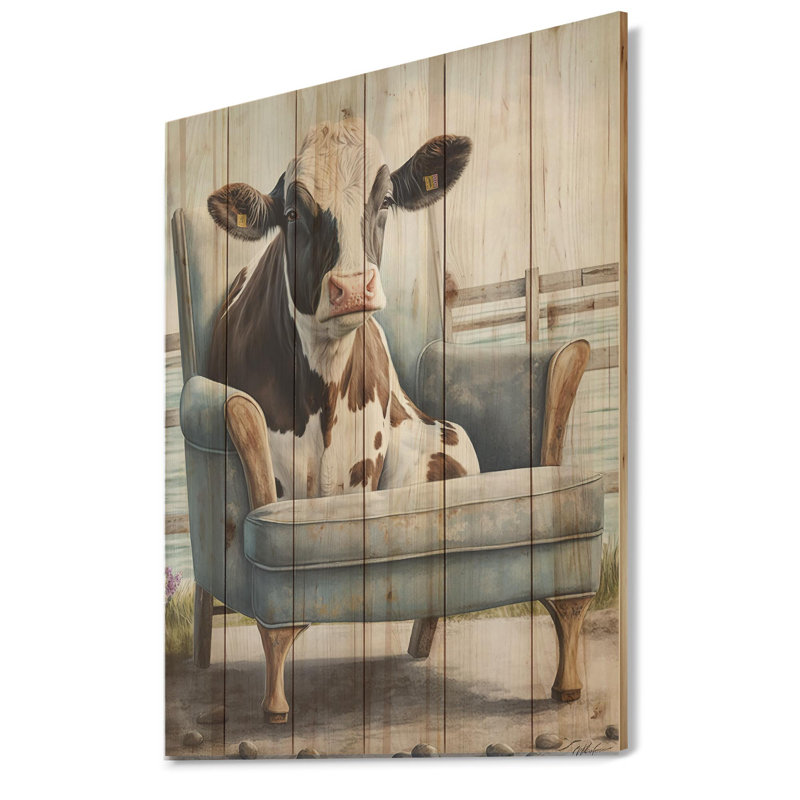 Vache Smelterville sur une chaise I - impression sans cadre sur bois, H 32 po x l 24 po x P 1 po