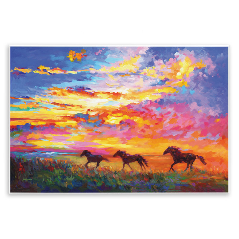 Art mural, chevaux sauvages au coucher du soleil par Leon Devenice, H 10 po x l 15 po