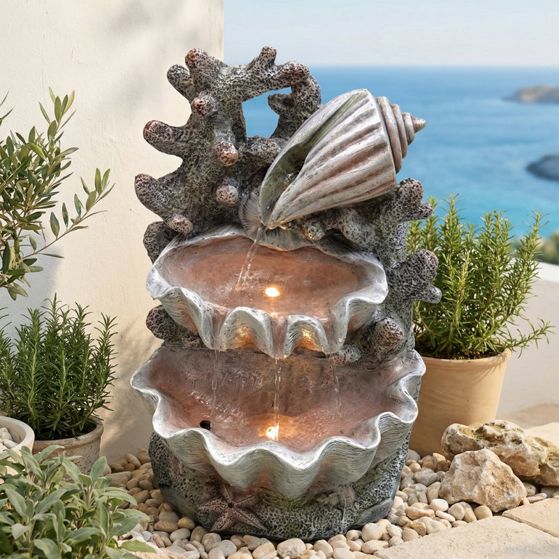 20'' Ocean-Themed Outdoor Fountain With LED Lights & 3W ETL Pump – Shell & Starfish Design