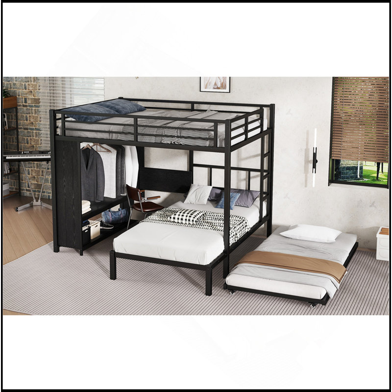 Grand lit superposé simple avec garde-robe intégré, lit superposé en métal avec lit gigogne, bureau pliable, échelles, conception à réduction de bruit, noir