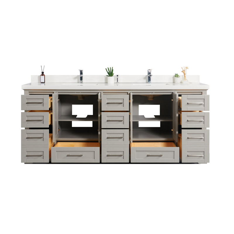 Eser 84'' Double Bathroom Vanity with Top, Straight White Quartz, Elephant Skin Gray