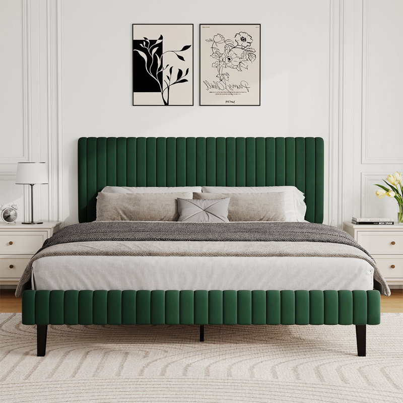 Velvet Upholstered Platform Bed Headboard and footboard with soft-padded vertical channel quilting, Queen, Green