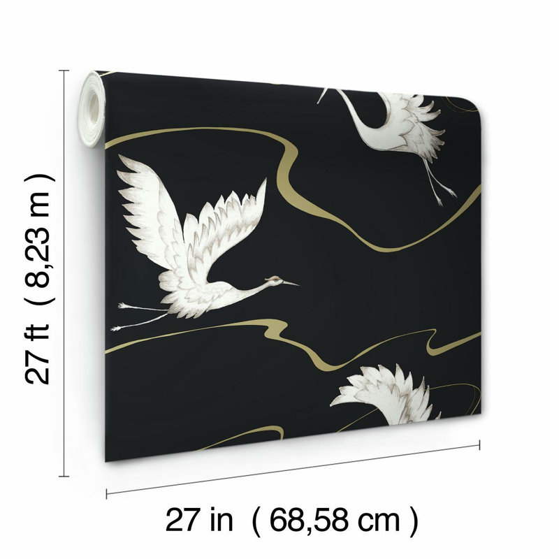 Rouleau de papier peint L 27 pi x l 27 po Soaring Cranes, Noir et or