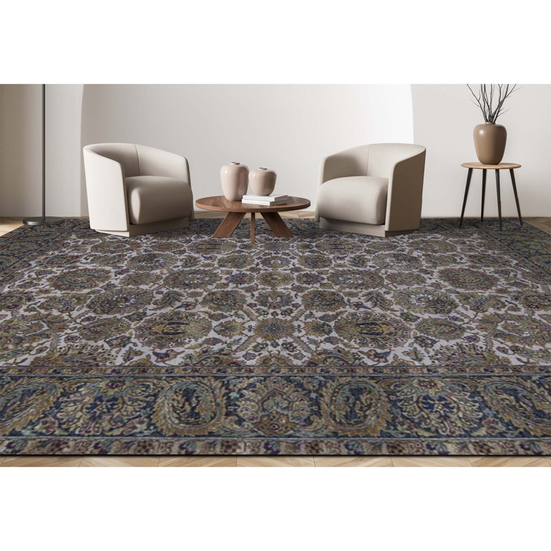 Tapis crème et gris anthracite noué à la main de haute qualité