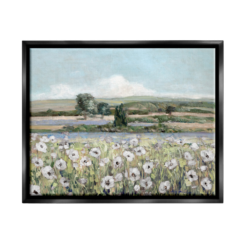 Vue de ruisseaux à fleurs champêtres, campagne, par Sally Swatland, H 25 po x l 31 po x P 1,7 po, Cadre flottant noir de jais