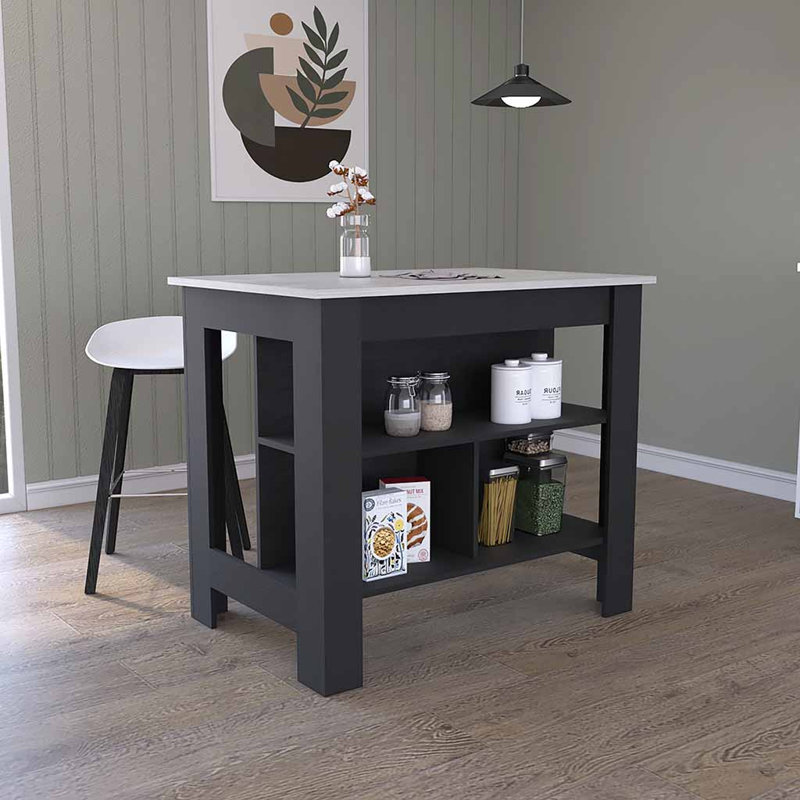 Îlot de cuisine, trois tablettes, Blanc/Noir