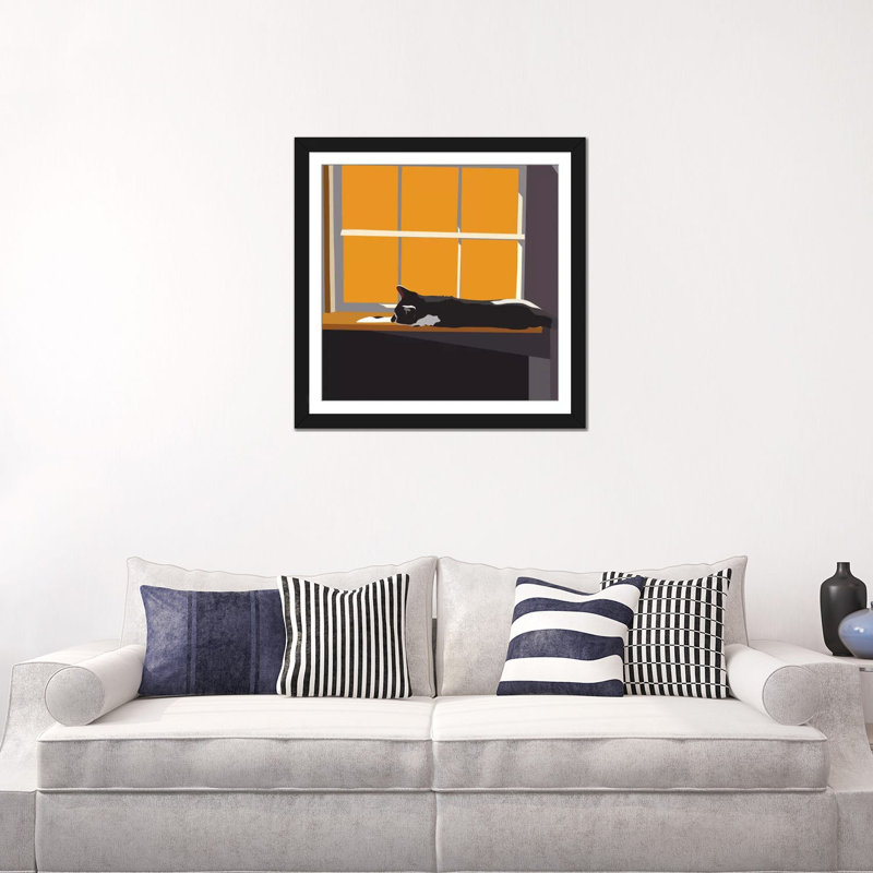 «Cat on a Window Sill II», reproduction sur toile, H 16 po x l 16 po x P 1 po, Papier d'art encadré noir, Blanc
