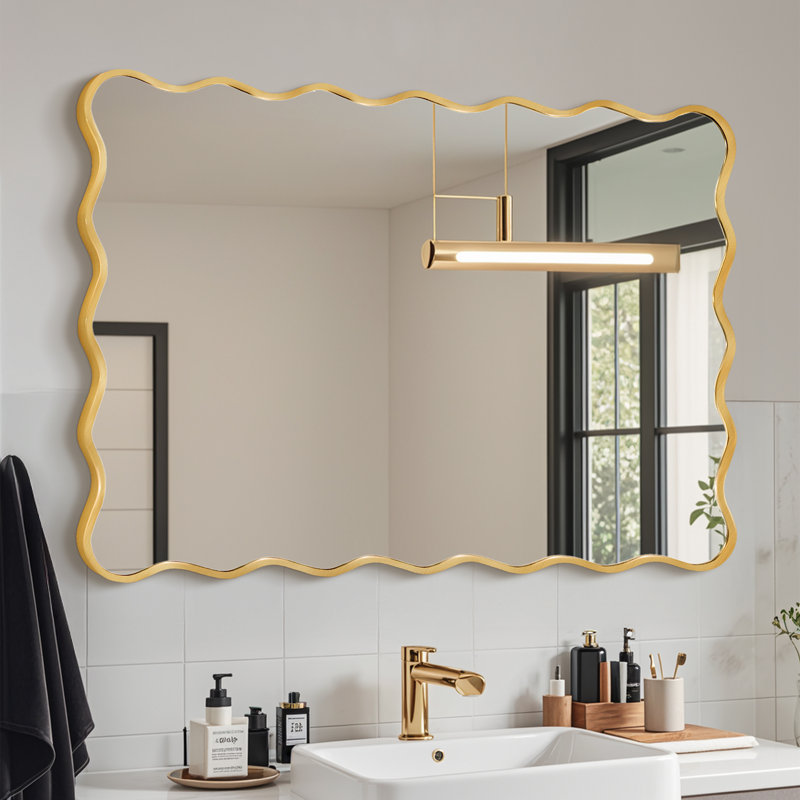 Wavy Metal Framed Rectangle Wall Mirror, Gold