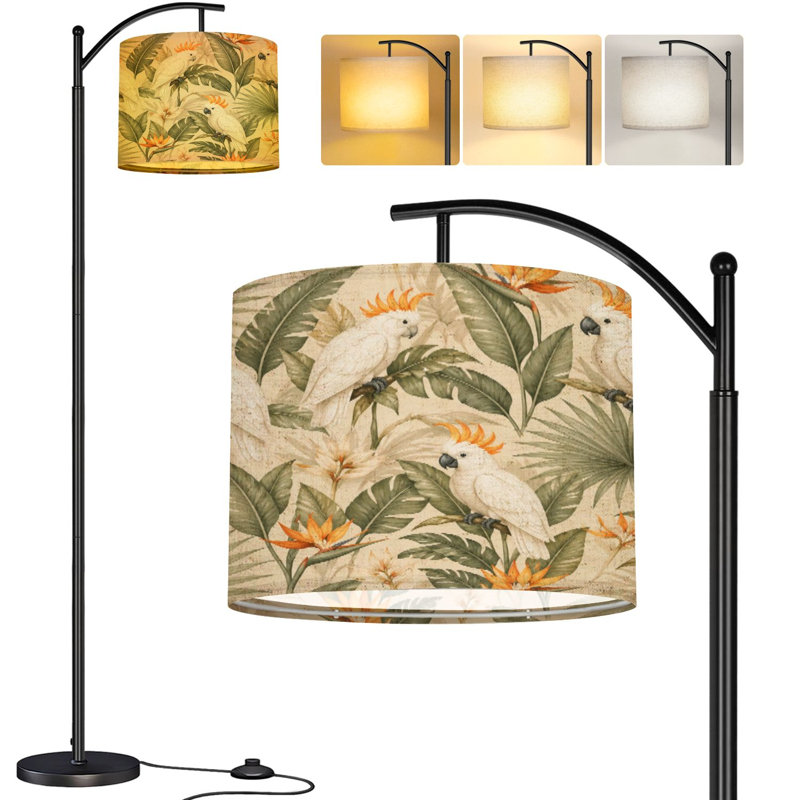  Arc Floor Lamp seamless tropical cockatoo exotic leaves White birds green Modern Tall Modern Standing Lamp LED Adjustable Linen Lampshade 3 Color Temperatures