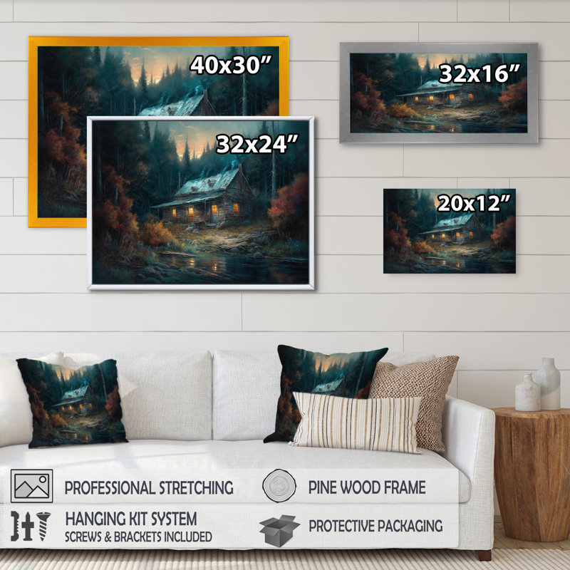 Cabine dans les bois - art mural sur toile forêt, H 12 po x l 20 po x P 1 po, Cadre flottant doré