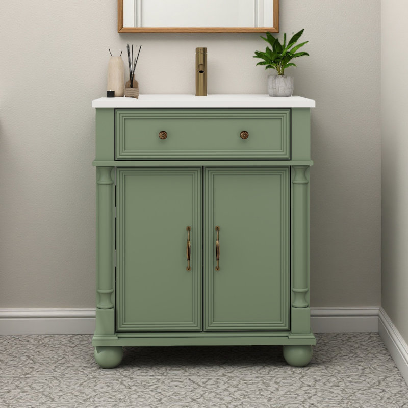 Lavabo de salle de bain 27,8 po Mid-Century avec colonne romaine, meuble-lavabo autoportant Farmhouse avec rangement, meuble-lavabo haut de gamme avec poignées en métal et structure en bois massif