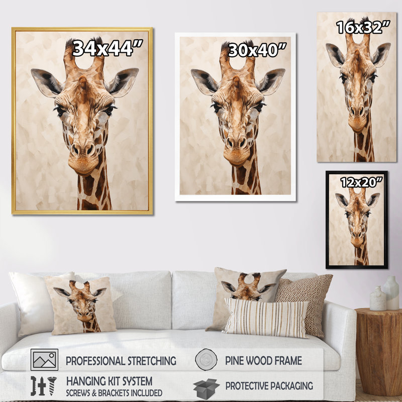 Minimalisme, portrait de girafe beige I sur toile, Cadre flottant noir, H 20 po x l 12 po x P 1 po