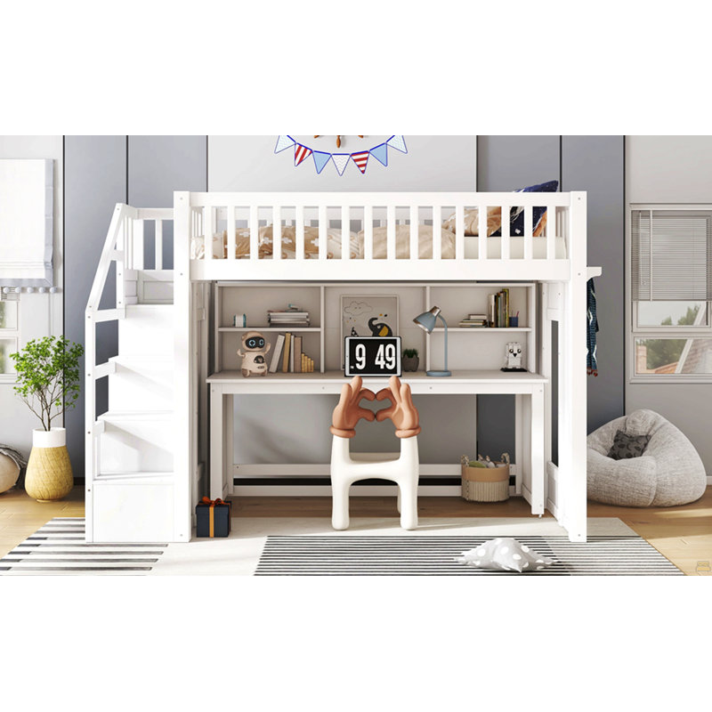 Twin Size Loft Bed With Movable Desk And Storage Shelf, Twin, White