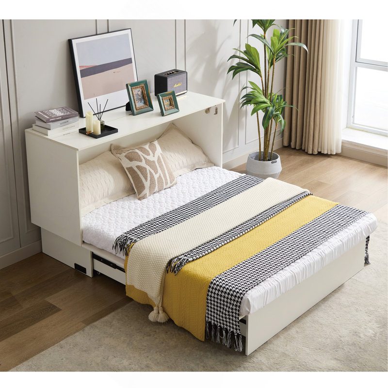 Lit escamotable avec rangement, matelas en mousse pliable et tiroirs surdimensionnés, Blanc