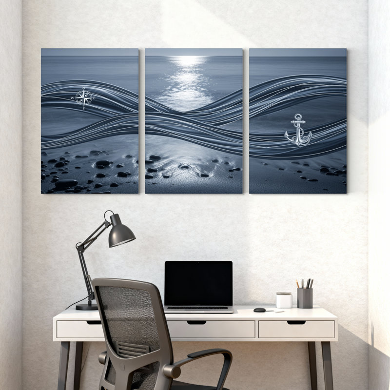 Nautique et plage, océan, vagues, boussole, ancre, ensemble de 3 impressions sur toile, H 30 po x l 60 po