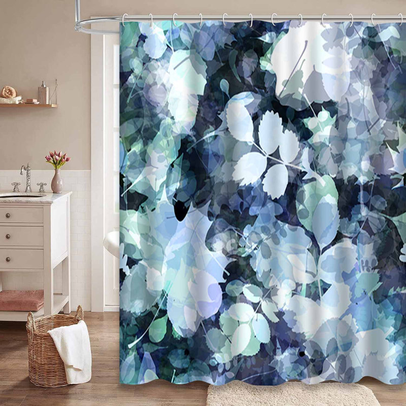 Rideau de douche abstrait abstrait à feuillage bleu avec 12 crochets, L 72 po x l 84 po